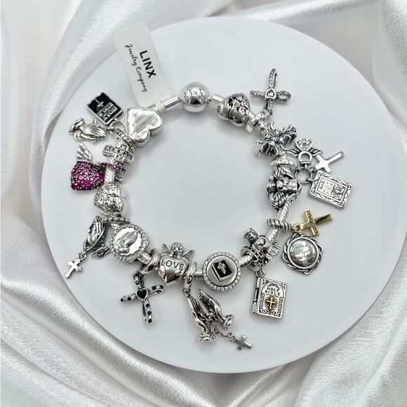 Linx Silver Snake Chain Bracelet with Religious Themed Charms